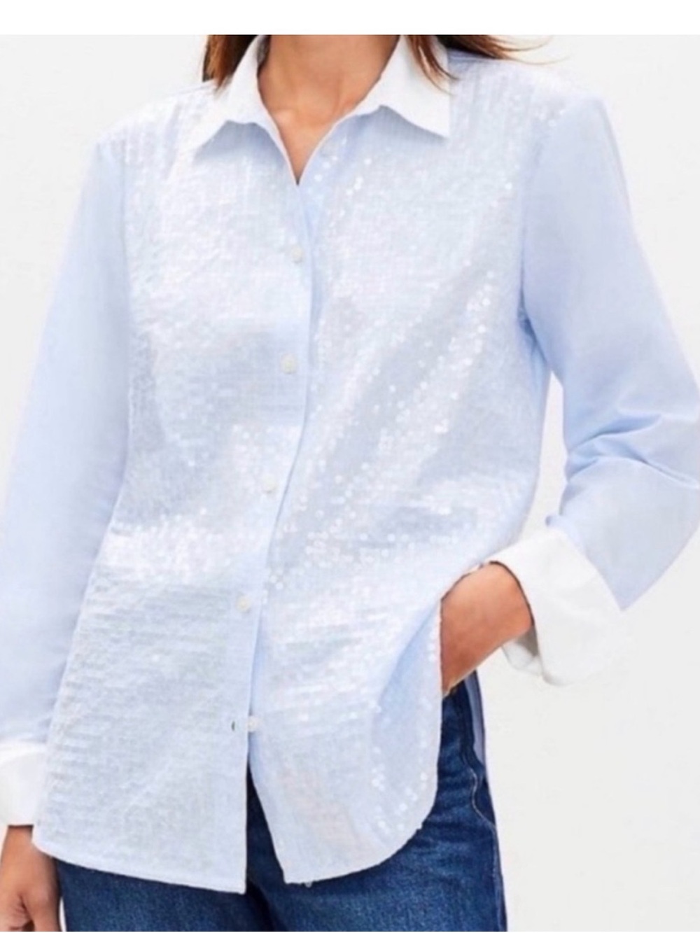LOFT Sequin Button Up Shirt Blue White Contrast Collar Cuffs Women's XSP New